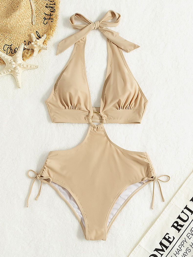 Sexy Solid Color Necktie Hollow-out One-piece Swimsuit