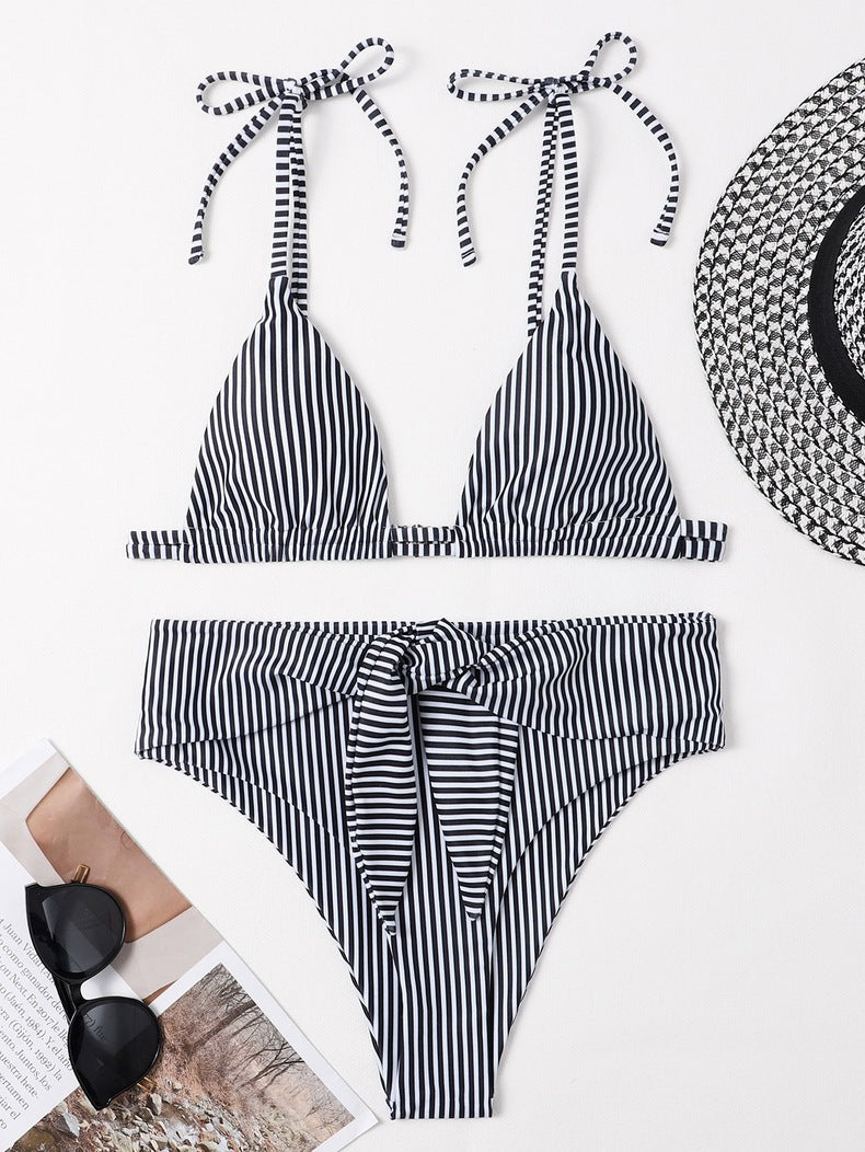 Striped Strappy Bikini Swimsuit