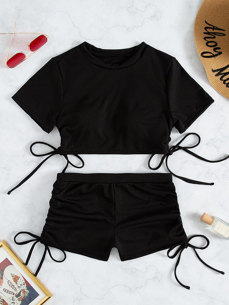 Short Sleeved Solid Color Swimsuit