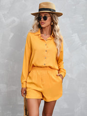 Solid Color Long Sleeve Shirt & Shorts Suit