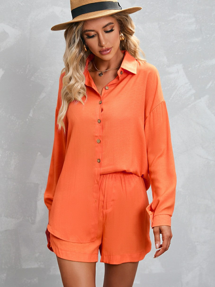 Solid Color Long Sleeve Shirt & Shorts Suit