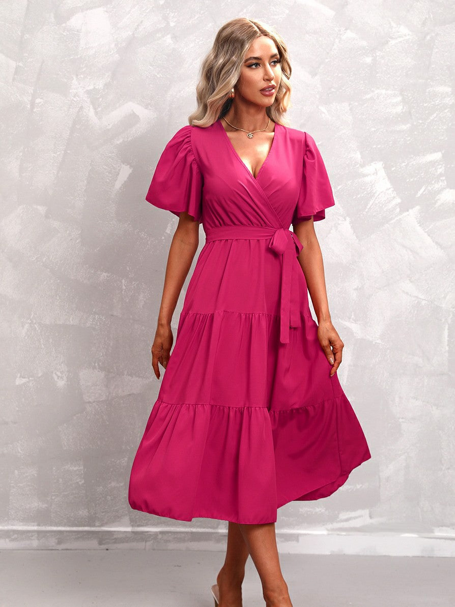 Solid Color Belted Short Sleeves Dress