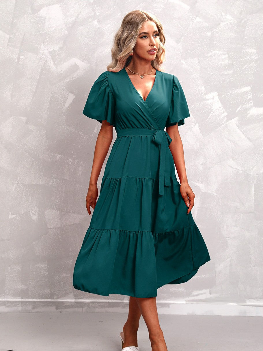 Solid Color Belted Short Sleeves Dress