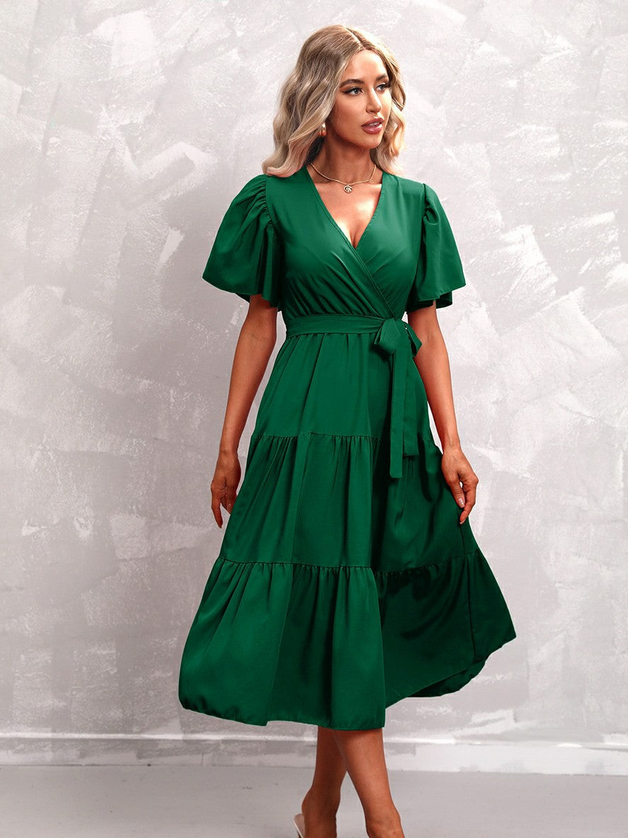 Solid Color Belted Short Sleeves Dress