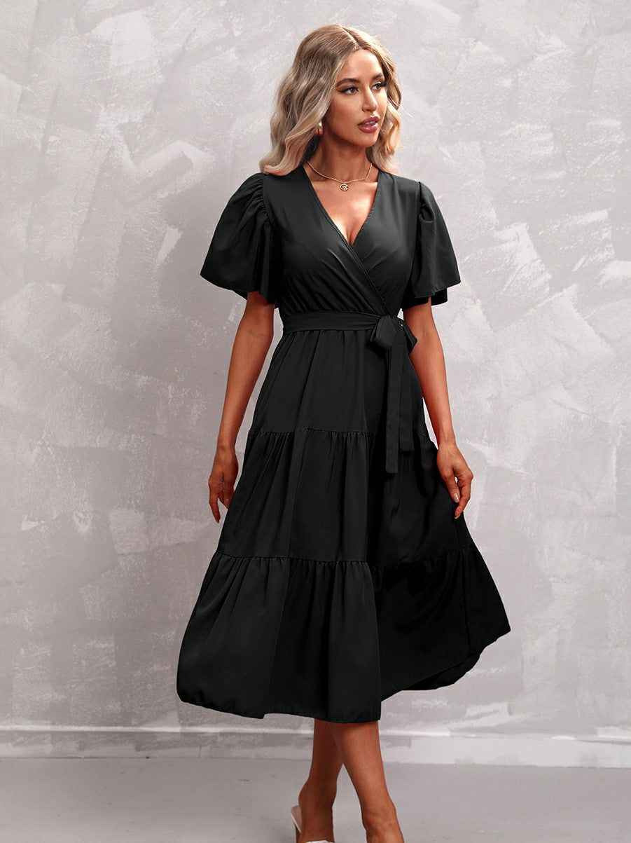 Solid Color Belted Short Sleeves Dress