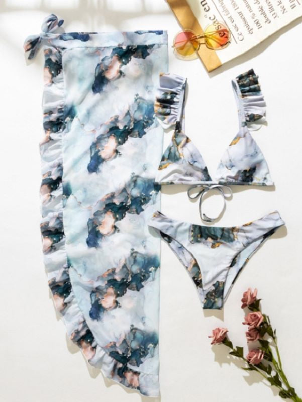 3pieces Tie-dye Flounces Bikini Swimsuit & Cover Up Skirt