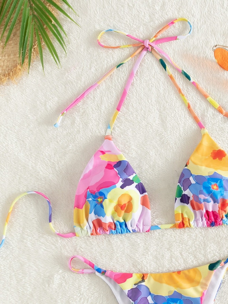 Sexy Rainbow Print Necktie Bikini Swimsuit