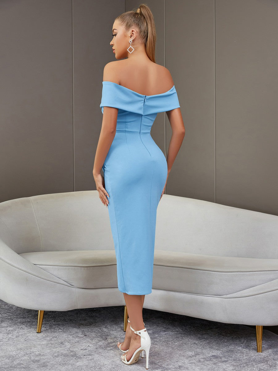 Sexy Satin  Open Shoulder Slit Ball Dress