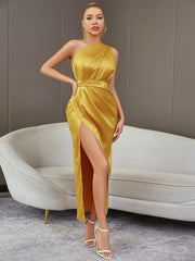 Satin One Shoulder Slit Ball Dress