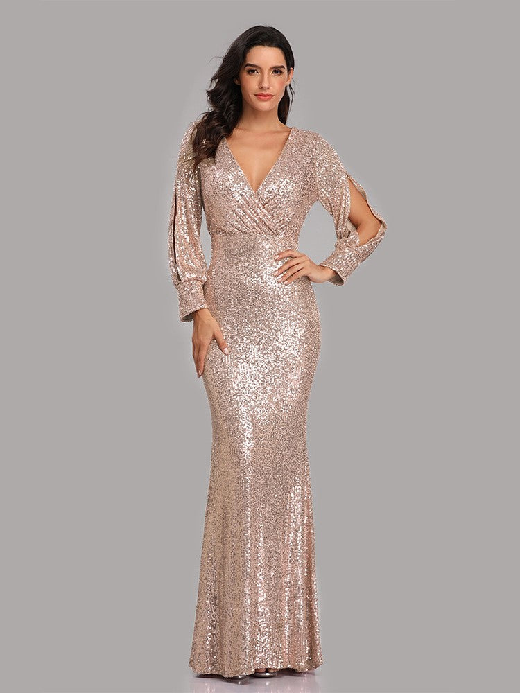 Elegant Long Sleeve Sequined Evening Dress