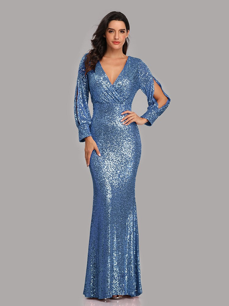 Elegant Long Sleeve Sequined Evening Dress