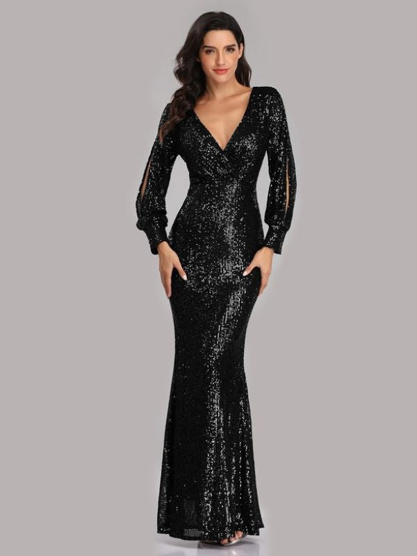 Elegant Long Sleeve Sequined Evening Dress