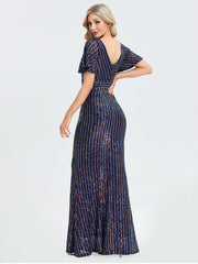 Elegant Short Sleeve Sequined Striped Evening Dress