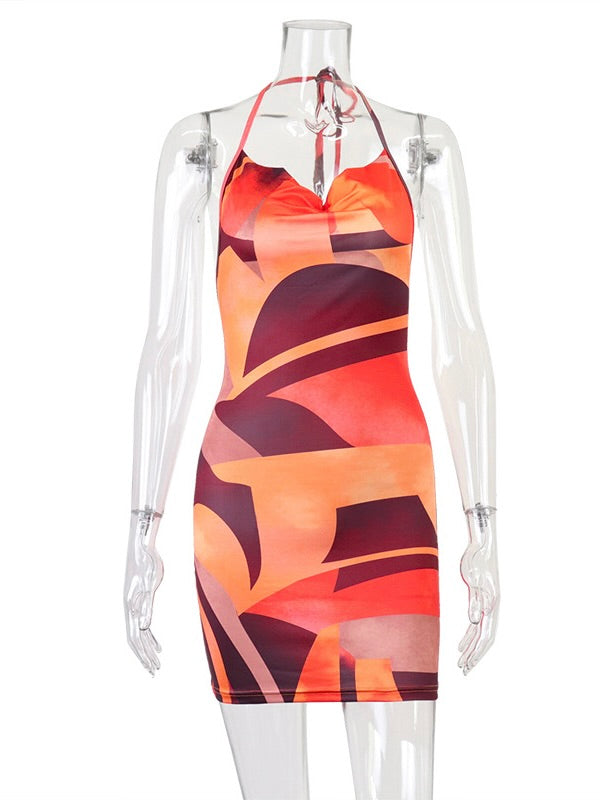 Sexy Print Halter And Strappy Dress