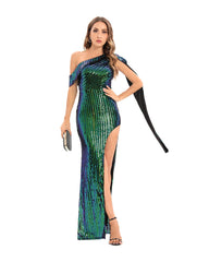 Sequined Diagonal Slit Evening Dress