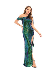 Sequined Diagonal Slit Evening Dress