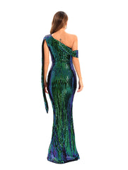 Sequined Diagonal Slit Evening Dress