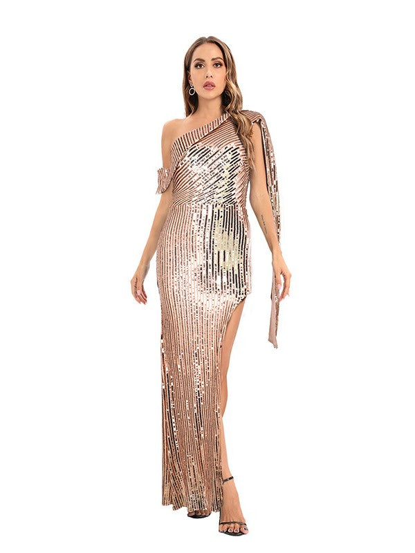 Sequined Diagonal Slit Evening Dress