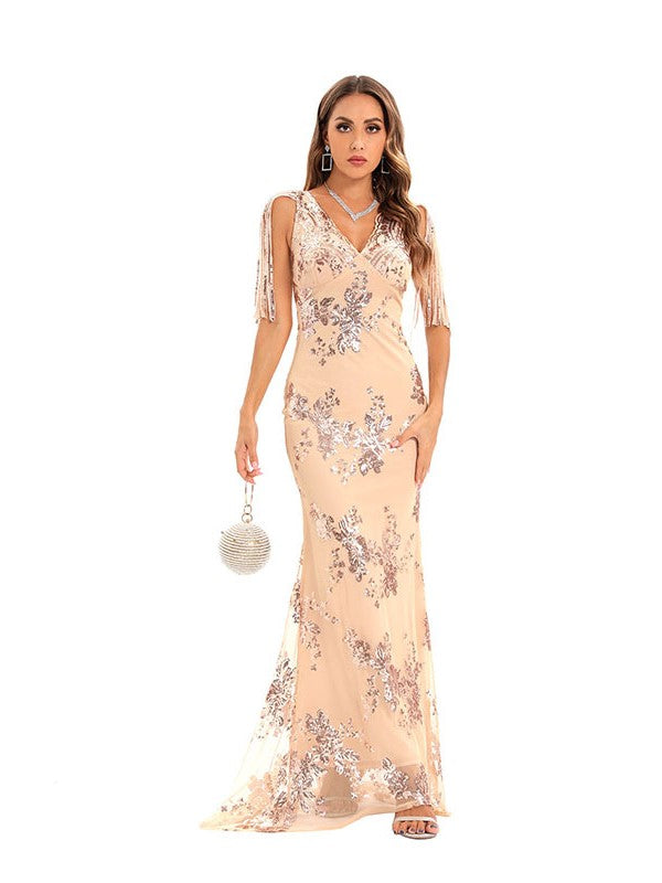 Elegant Flower-sand Sequined Evening Dress