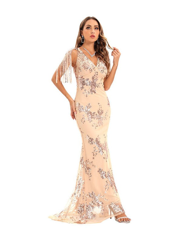 Elegant Flower-sand Sequined Evening Dress