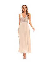 Elegant V-neck Sequined Striped Gauze Evening Dress