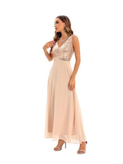 Elegant V-neck Sequined Striped Gauze Evening Dress