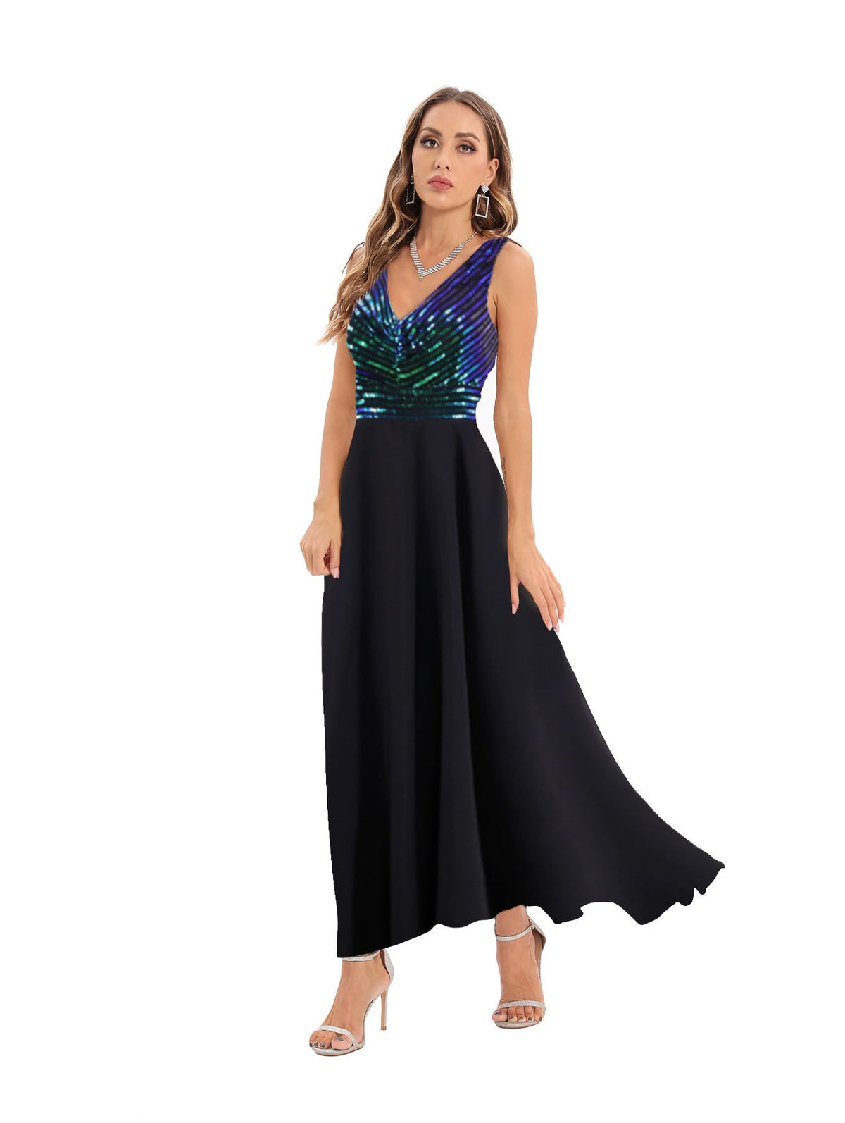 Elegantes Abendkleid aus Gaze mit Pailletten und Streifen und V-Ausschnitt 