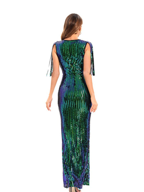 Elegant Fringed Sequins Striped Gauze Evening Dress