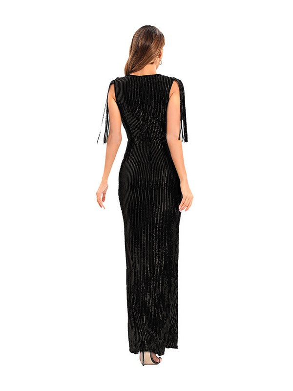 Elegant Fringed Sequins Striped Gauze Evening Dress