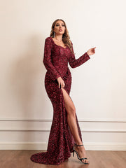 Long Sleeve Sequined Slit Evening Dress