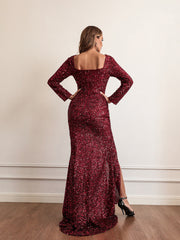 Long Sleeve Sequined Slit Evening Dress