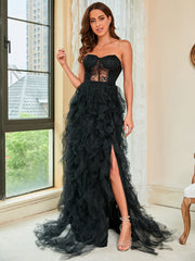 Strapless Netting Sheer Plumage Slit Evening Dress