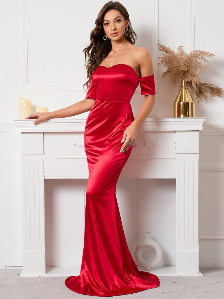 Satin Strapless One-line Shoulder-length Evening Dress