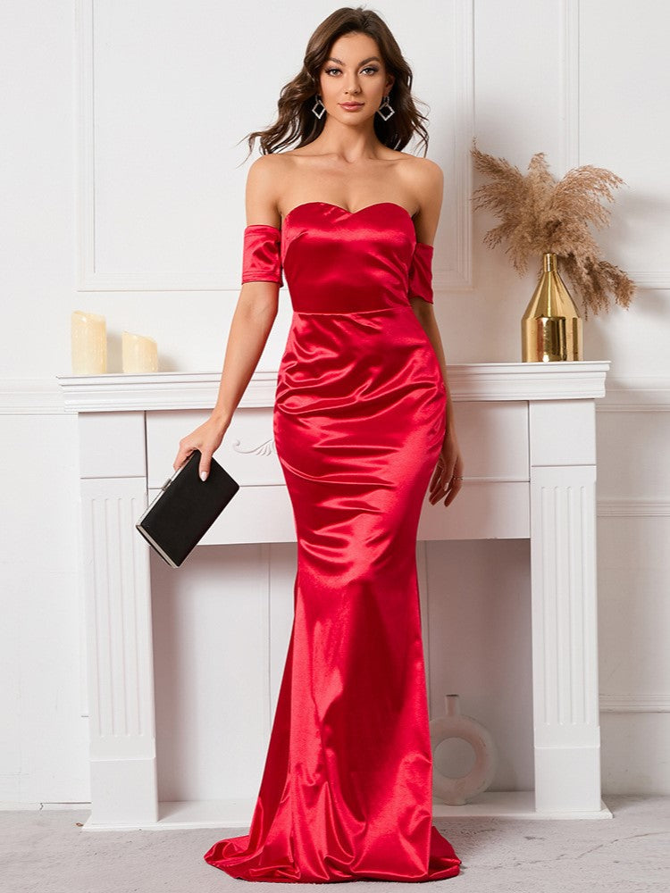 Satin Strapless One-line Shoulder-length Evening Dress