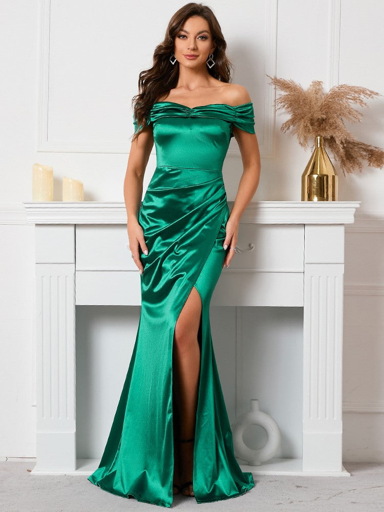 Satin Strapless One-shoulder Slit Evening Dress